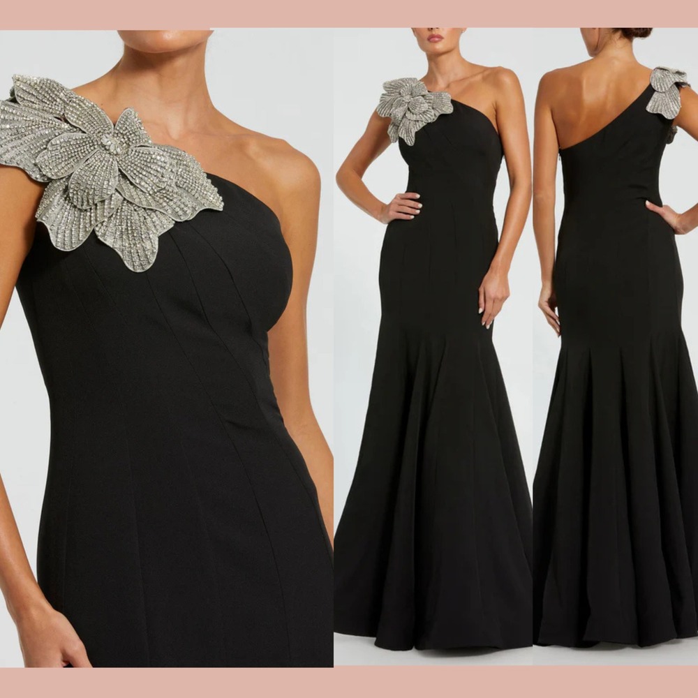 NWT MAC DUGGAL [‎ 8 ] 11810 Crepe One Shoulder Gown Crystal Flower Black S2003